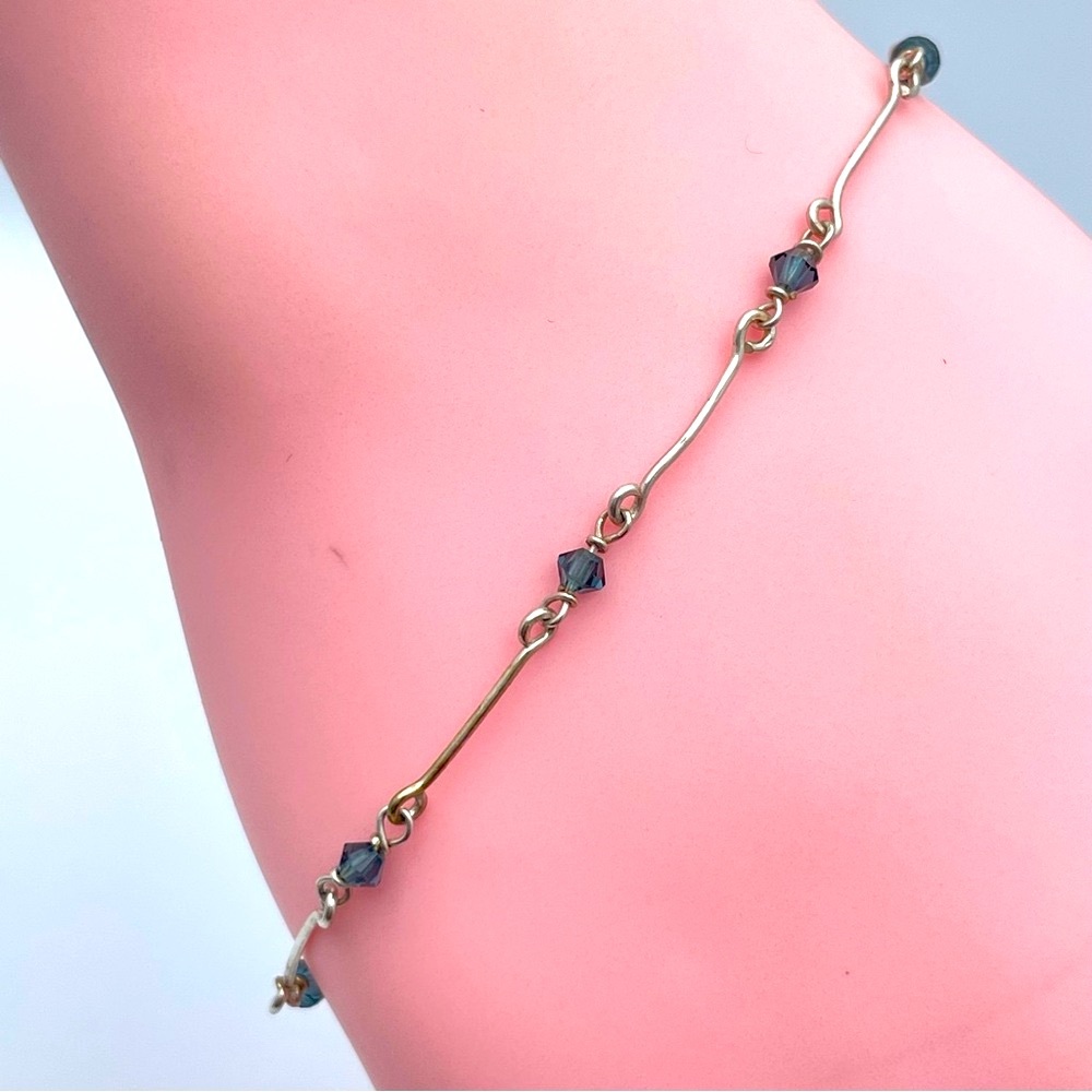 Sterling Silver 925 Dainty Blue Crystal Beaded Bracelet, 9” Long